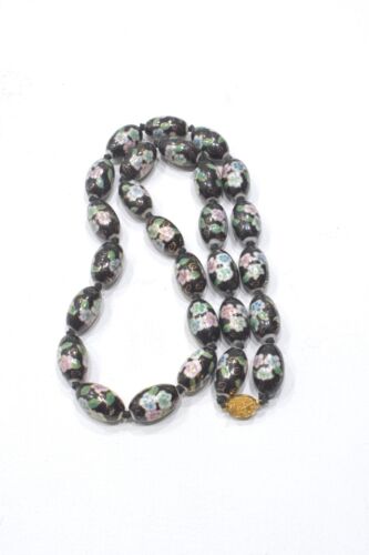 Chinese Cloisonne Flower Black Oval Strand Necklace - Afbeelding 1 van 1