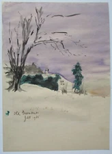 watercolor painting snow scene house and trees mystery artist 1935 Old Greenbush