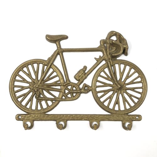 Solid Brass Bicycle Bike 4-Hook Key Holder Wall Hanger  8" - Foto 1 di 7