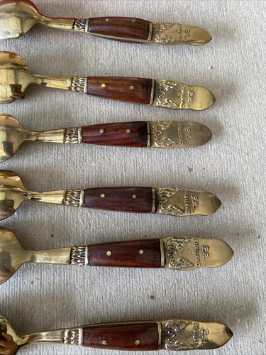 VINTAGE BRONZE MINI SPOONS SET OF 6 SPOONS WOODEN HANDLE MADE IN THAILAND - Picture 7 of 12