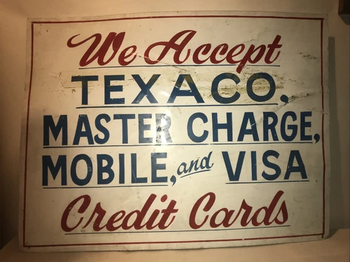 texaco credit card master charge visa advertising metal sign vintage gas station