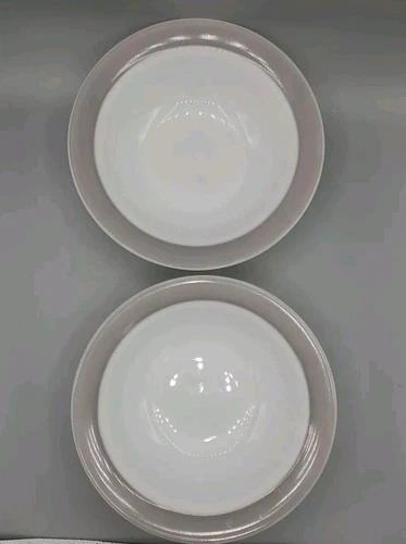 2 Vintage Pyrex Milk Glass Gray Band Rim Serving Large Soup Pasta Bowls 9"