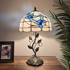 Tiffany Style Table Lamp White Stained Glass Blue Flowers LED Bulb 12"W12"D22"H