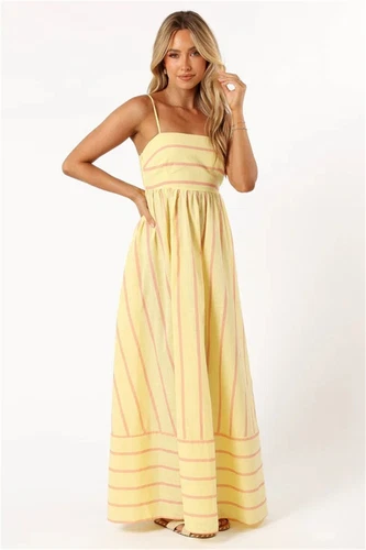 Women's Casual Basic Spaghetti Strap Maxi Dress Sleeveless Summer Strips Dresses - Picture 8 of 31