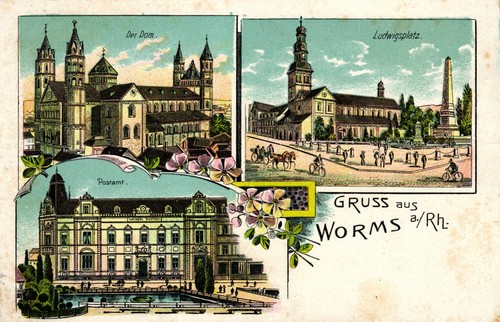 Worms, Farb-Litho mit Postamt, um 1910