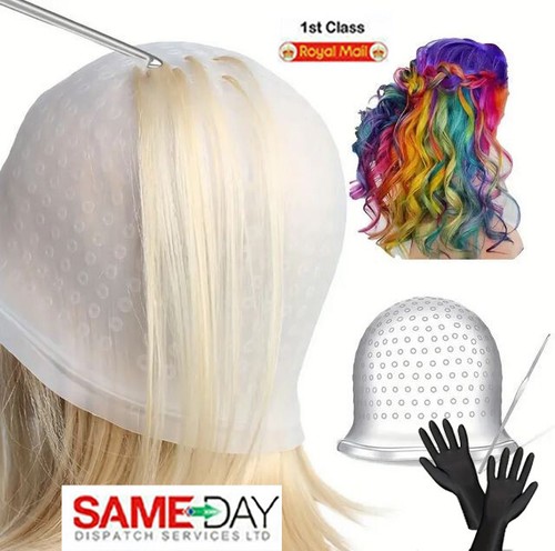 Hair Highlighting Dye Cap Reusable Silicone hat Professional Needle Hook Gloves - Picture 2 of 8