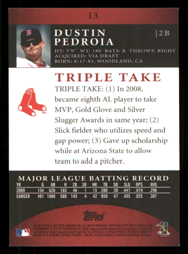 2010 Topps Triple Threads #13 Dustin Pedroia /1350 - Image 2 of 2