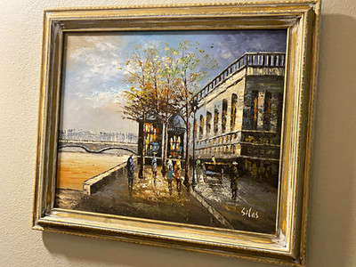 Silas Signed Framed Impressionist Oil on Canvas City Street River Bridge