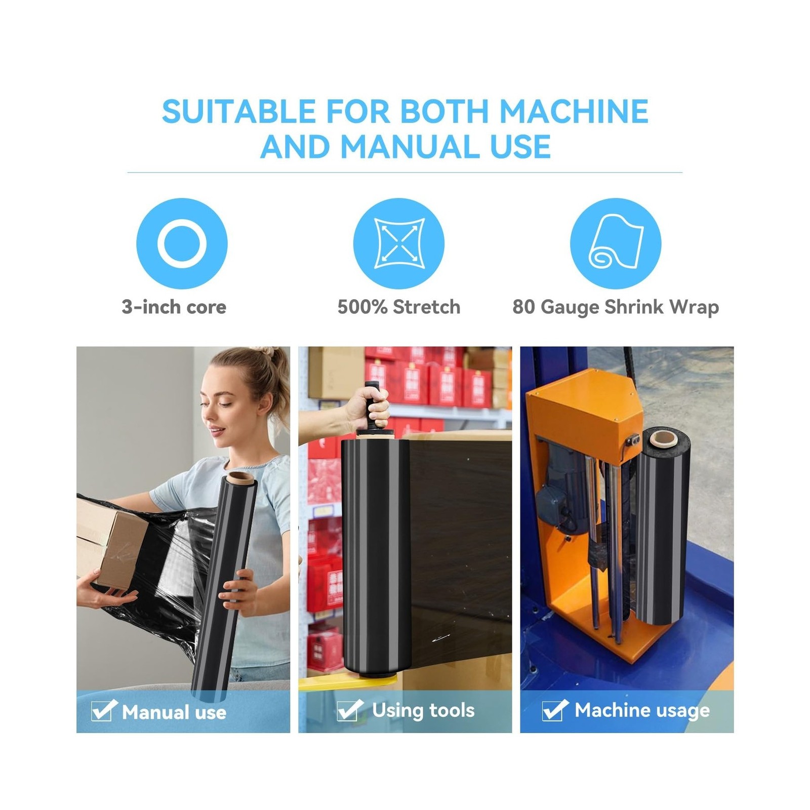 18" x 1500' Black Plastic Shrink Wrap Roll - 80 Gauge, 500% Stretch... Fast Ship