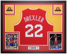 Clyde Drexler Autographed & Framed Red Houston Jersey Auto JSA COA