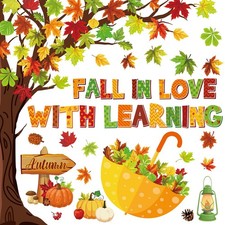 91pcs Fall in Love with Learning Bulletin Board Decor Set Fall Tree Pumpkin M...