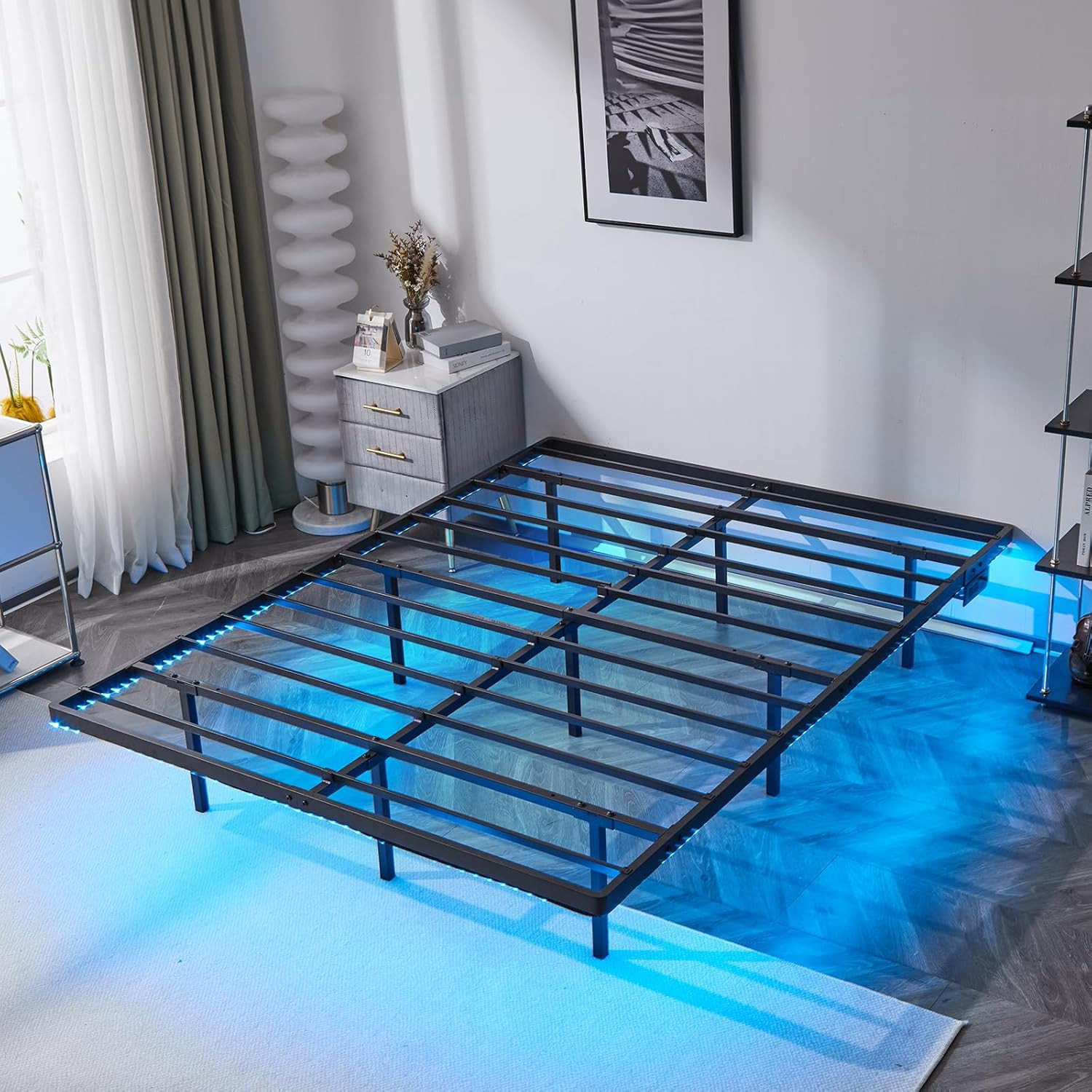 74.6"L x 53.5"W x 14"H  Floating Bed Frame Full Size Heavy Duty Metal Bed Black