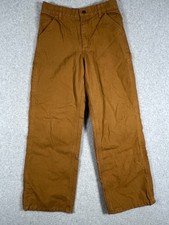 Carhartt Canvas Pants Dungaree Fit Youth 12 Flannel Lined Chore Brown Workwear