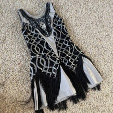 Revolution dancewear flapper style leotard costume gray black sequins fringe MC
