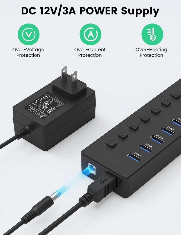 Powered USB 3.0 Hub 11-Port USB Hub Splitter 7 Faster Data Transfer Ports+ 4 ...