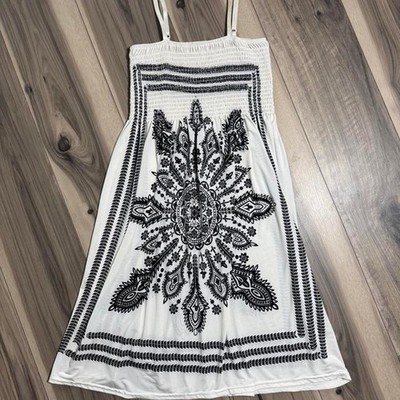 Womens White Black Mandala Print Smocked Midi Dress Adjustable Straps Boho