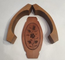 ANCIEN GRAND MOULE A BEURRE (30cm)  EN BOIS PIVOTANT DÉCOR FLORAL ART POPULAIRE