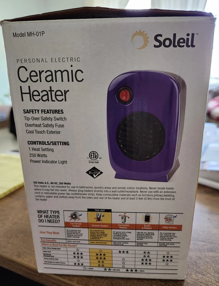 Soleil 紫色电动迷你陶瓷加热器 250 瓦 MH-01P 原装盒 — 第 2/2 张图片