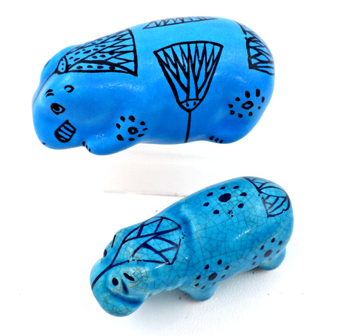 2 Egyptian Hippo Hippopotomus blue earthenware figurines BMPL & MMA William vtg