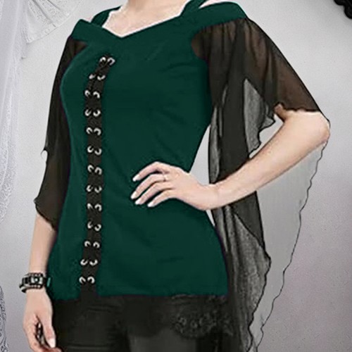 Damen Gothic PUNK Bluse Kordelzug Chiffon Glockenärmel Longtop Retro Oberteile - Bild 5 von 16