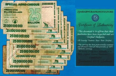 10 x 25 Billion Dollars Zimbabwe Agro Cheque Damaged 2008 + COA 100 % Authentic