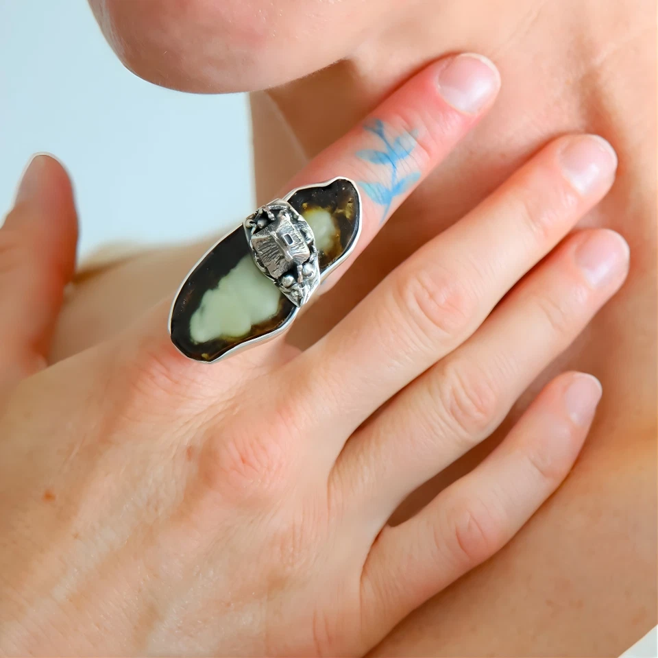 Anillo llamativo ámbar báltico en plata de ley 925 - tamaño ajustable Foto 2 de 4