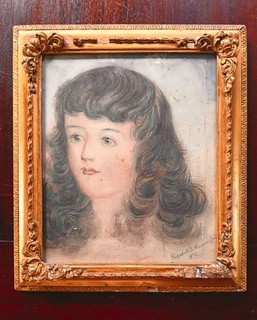 Antique Victorian 19th C. Watercolour Pastel Painting Girl Portrait Ornate Frame