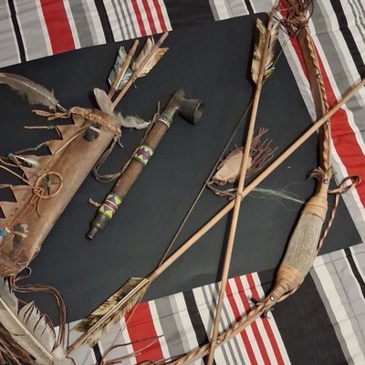 Native American Bow, Arrows, Quiver & Tomahawk Set with Feathers, Beaded Details