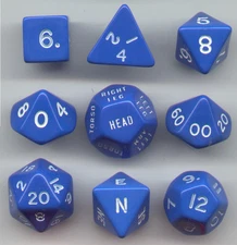 RPG Opaque Blue Dice Cube 9pc D20, D12, D10, D8, D6, D4, Compass, Hit loc.