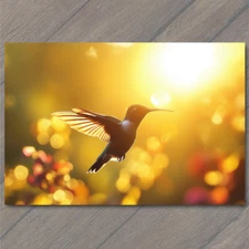 Art Print  Hummingbird Gliding Golden Sunshine Sparkles Vibrant Nature Glow Cute