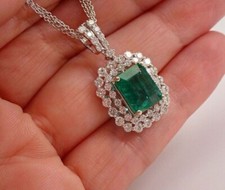 14K White Gold Over Lab Created 3Ct Green Emerald Diamond Halo Pendant Necklace