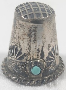 Antique Sterling Silver Thimble With Turquoise Stone Nautical Shell Design Vtg