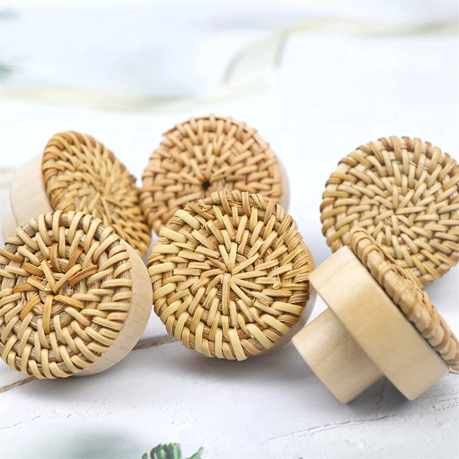 10pcs Handmade Rattan Round Wooden Drawer Knobs for Dresser Furniture-image