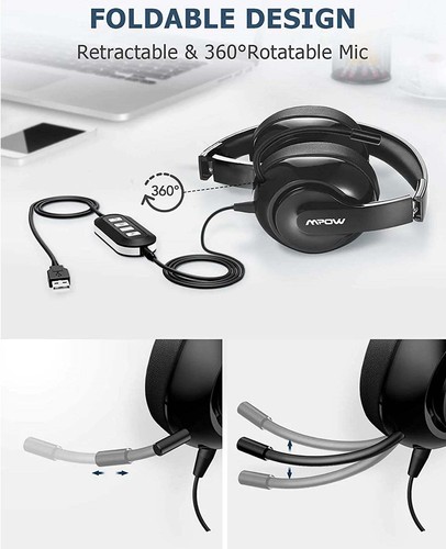 Mpow Black Foldable USB Headset w/ Built-in Sound Card Soft Ear Cushion Comfort - Picture 2 of 13