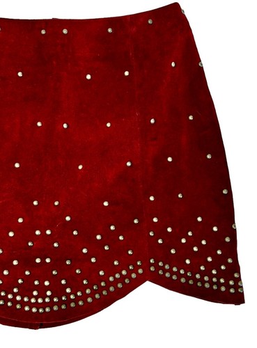 FREE PEOPLE Suede Mini Skirt Red Leather Studded Scalloped Festival Rocker Sz 2 - Picture 4 of 11