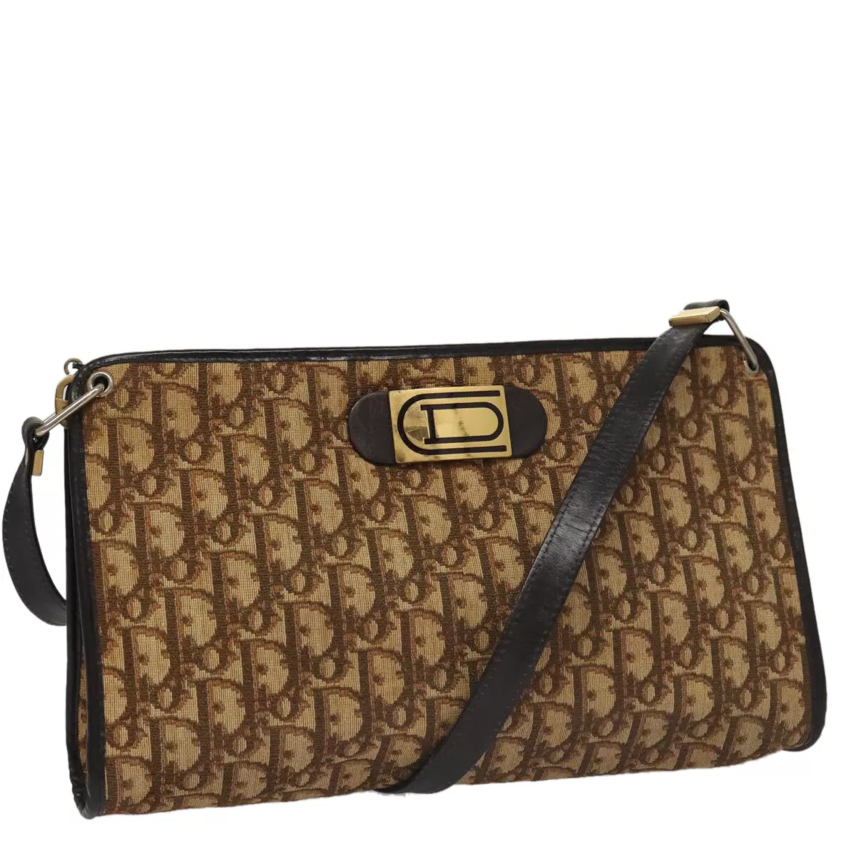 Sac bandoulière Christian Dior trotteur toile beige marron foncé or authentique 92689