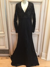 Pamella Roland BLACK BEADED AND LACE EVENING DRESS, V-NECK, LONG SLEEVE