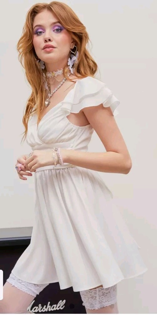 CIDER SOLID CROSS WRAP KNOTTED RUFFLE MINI DRESS … - image 2