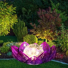 12 Inches Solar Lights Outdoor Garden, Crackle Globe Glass Lotus Decoration, Wat