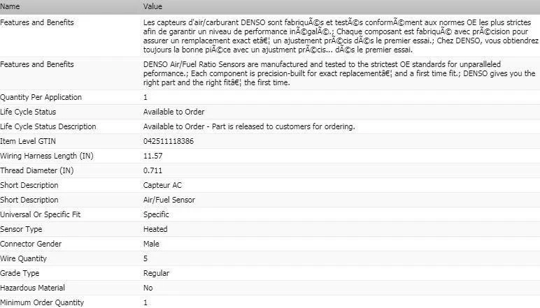 Sensor de oxígeno relación aire/combustible aguas arriba DENSO para Ford Edge 2011-2014 Foto 2 de 4