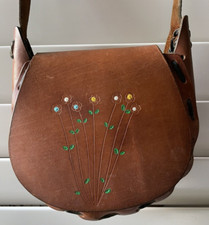Vintage 70s Hand Tooled Leather Purse Braided Shoulder Strap Floral Satchel Bag