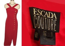 VINTAGE ESCADA COUTURE EVENING GOWN INITIAL "E" RHINESTONE STUDDED GOLD BUTTONS