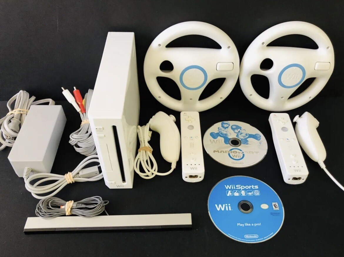 Nintendo Wii Console Mario Kart/Wii Sports Bundle, System, Wheels