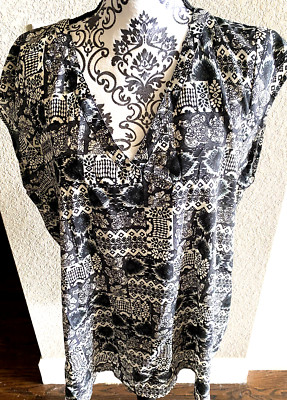 Daniel Rainn XL Blouse Black white Tunic Top Shirt V Neck 