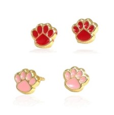 14K Solid Yellow Gold Puppy Paw Earrings, Red  Pink Screw Back Studs, Gift