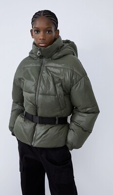 Zara Khaki Thermal Insulated Belted Puffer Jacket Coat L UK14