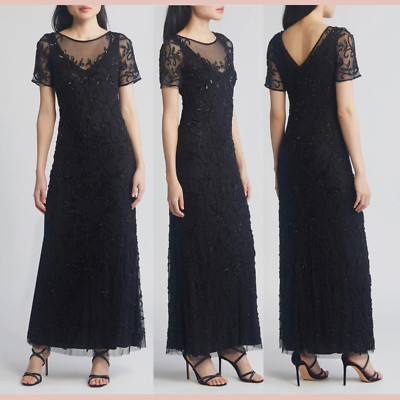 NWT $268 Pisarro Nights [ 8 ] Floral Beaded Short Sleeve A-Line Gown Black #J711