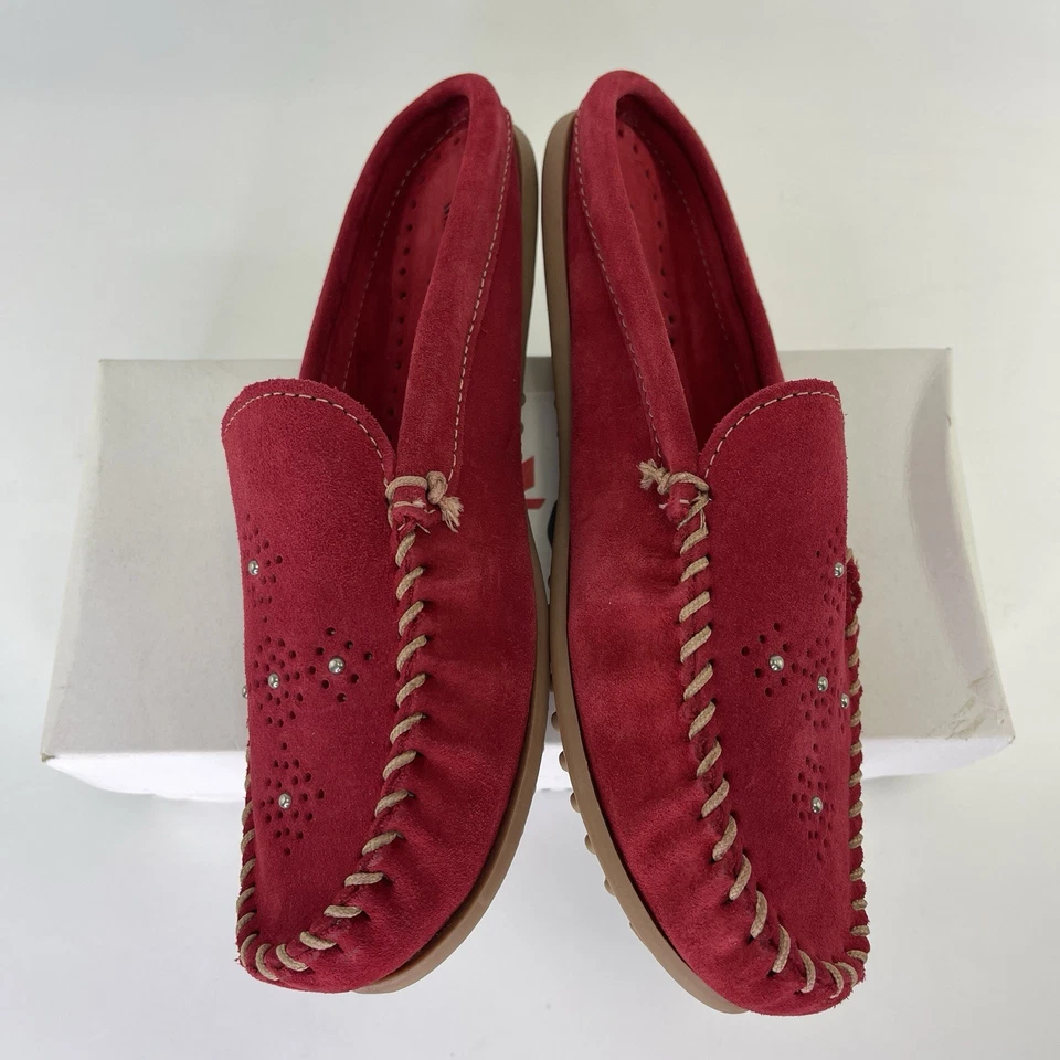 Mocasines Minnetonka Rojo Gamuza Mula Conducción Moc Diseño Recortado Sin Cordones Talla 10 Foto 2 de 4