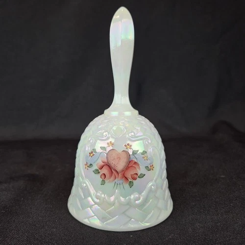 Fenton Bell Iridescent Milk Glass Basket Weave Hand Painted Hearts Barbour