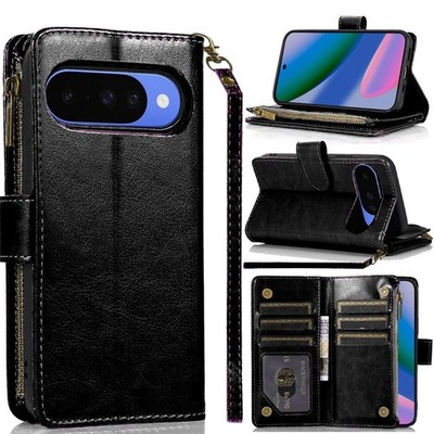 For Google Pixel 10/10 Pro Case Luxury Phone Wallet with Zipper + Tempered Glass